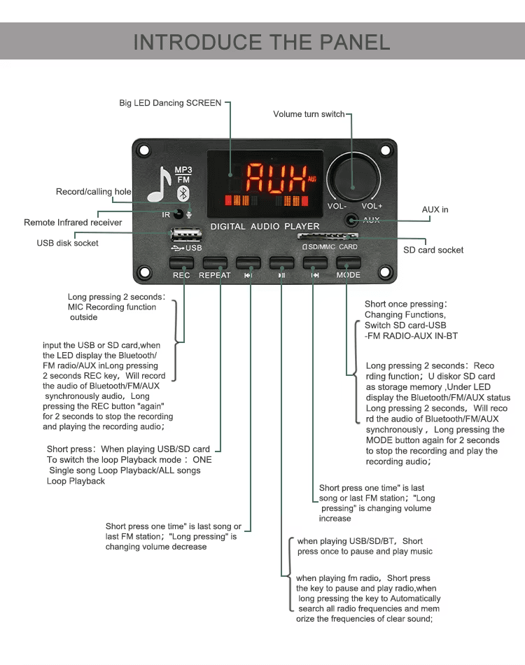 Modulo Amplificador USB AUX Bluetooth FM TF SD 12-24V 2X40Wtts Ref: JQ-D009BT - Image 3