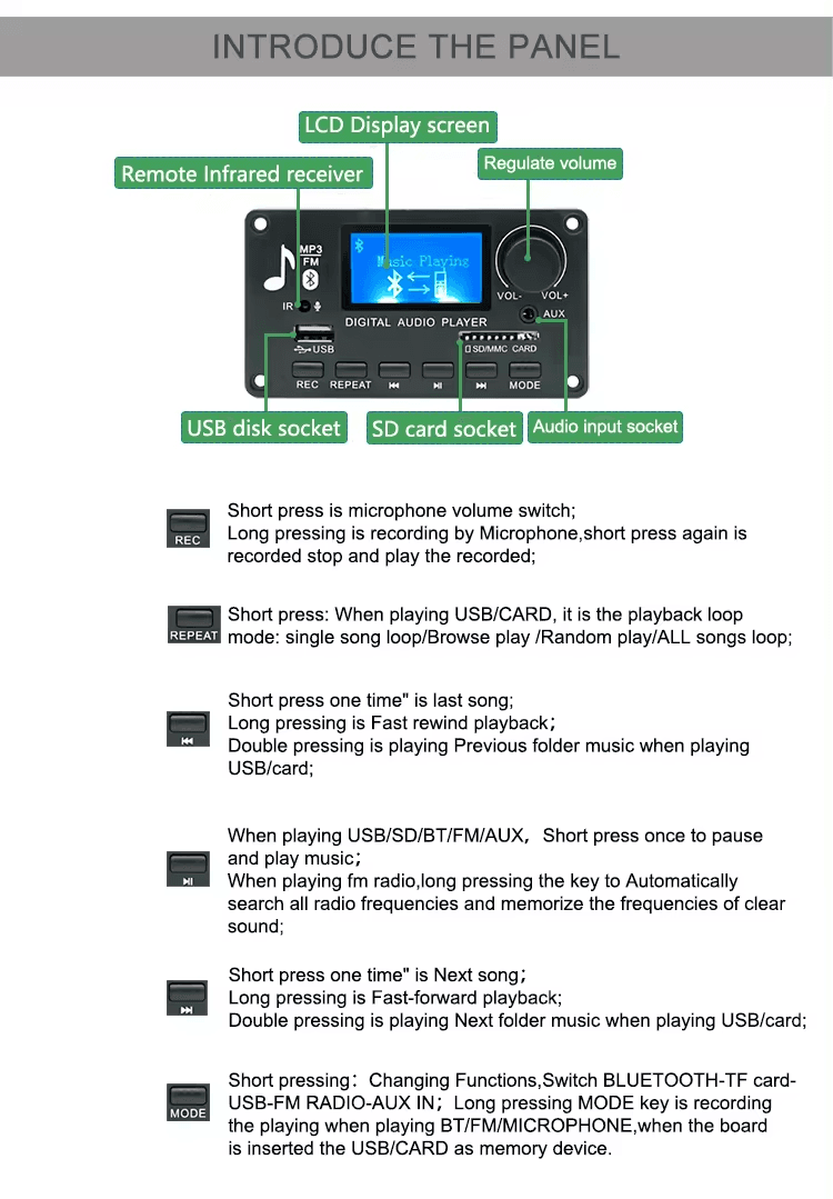 Modulo Reproductor MP3 USB AUX Bluetooth FM TF Card 12V Ref: JQ-D006BT - Image 6
