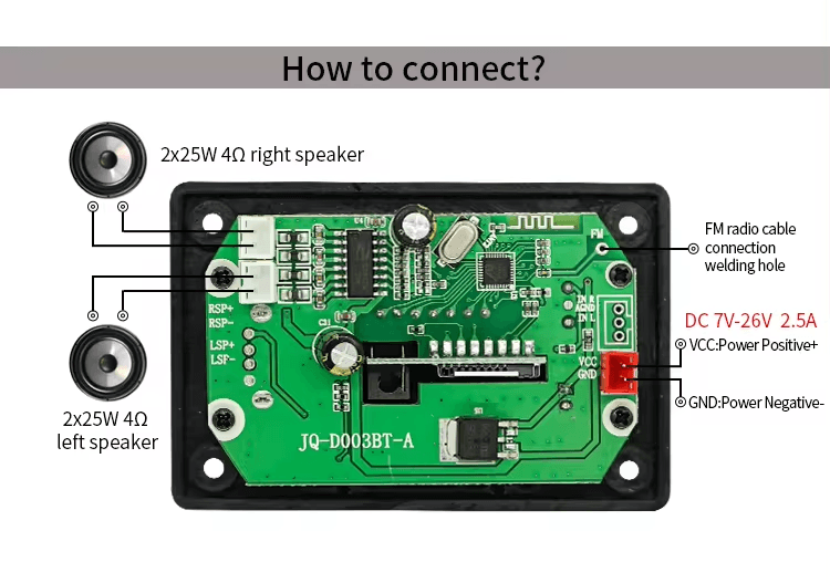 Modulo Amplificador USB AUX Bluetooth FM SD 7-16V - 2X25Wtts Ref: JQ-D003BT - Image 6
