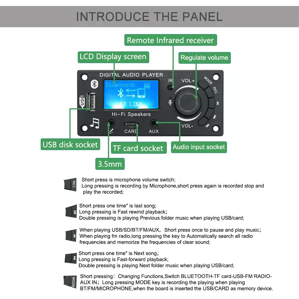 Modulo Reproductor MP3 USB AUX Bluetooth FM TF Card 12V Ref: JQ-D132BT - Image 5