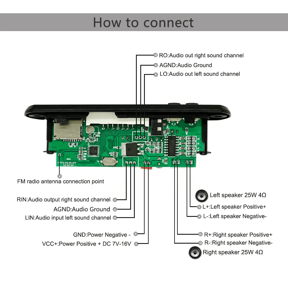Modulo Amplificador USB AUX Bluetooth FM SD 12V - 2X25Wtts Ref: JQ-D011BT - Image 6