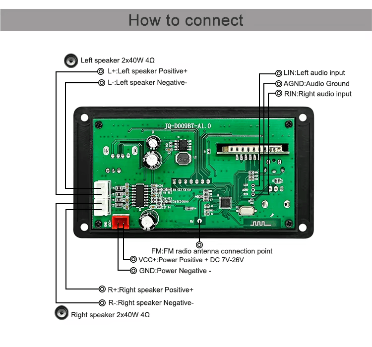 Modulo Amplificador USB AUX Bluetooth FM TF SD 12-24V 2X40Wtts Ref: JQ-D009BT - Image 5