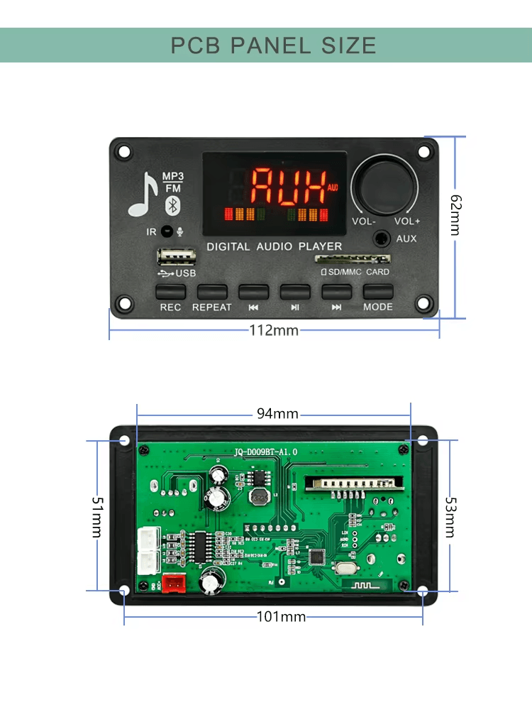 Modulo Amplificador USB AUX Bluetooth FM TF SD 12-24V 2X40Wtts Ref: JQ-D009BT - Image 4