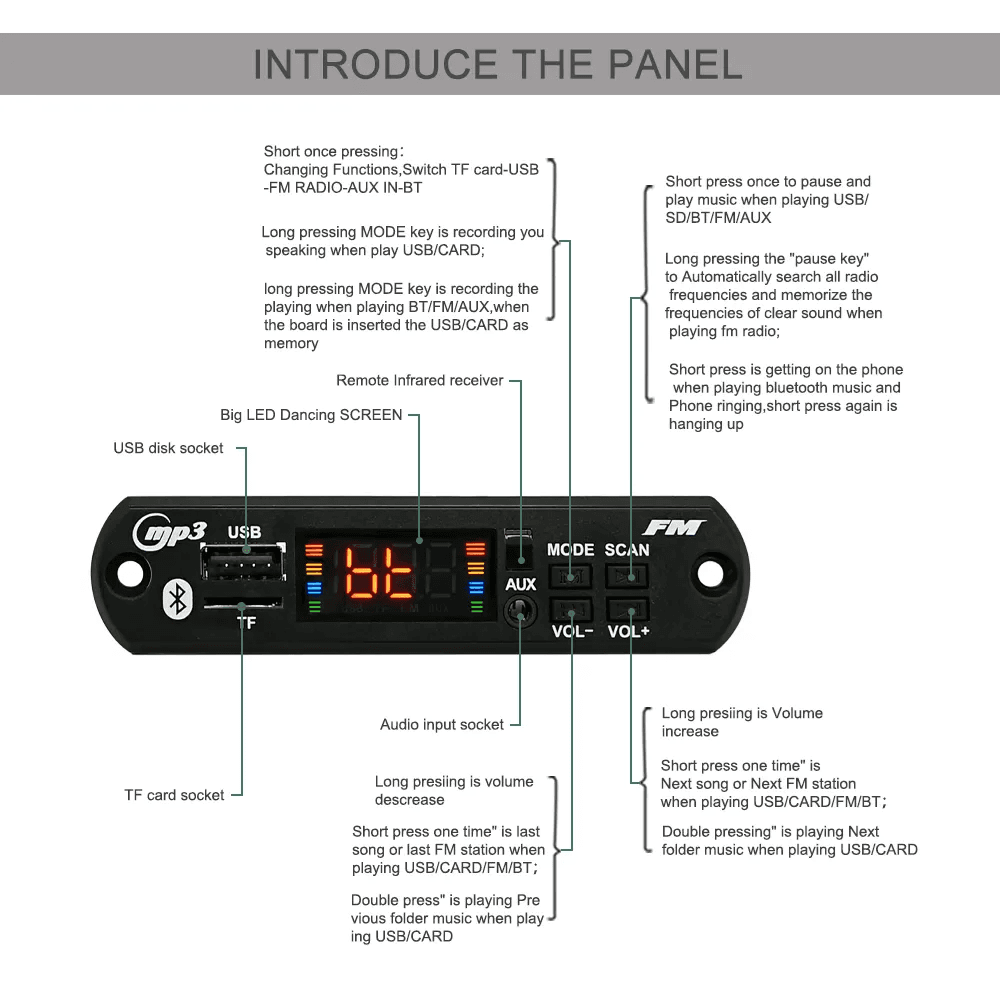 Modulo Amplificador USB AUX Bluetooth FM SD 12V - 2X25Wtts Ref: JQ-D011BT - Image 5