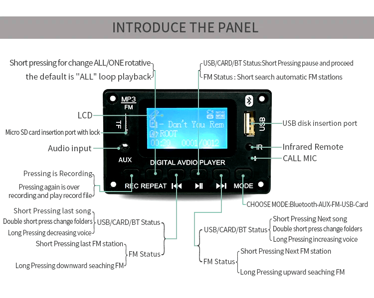 Modulo Reproductor MP3 USB AUX Bluetooth FM TF Card 12V Ref: JQ-D116BT - Image 6