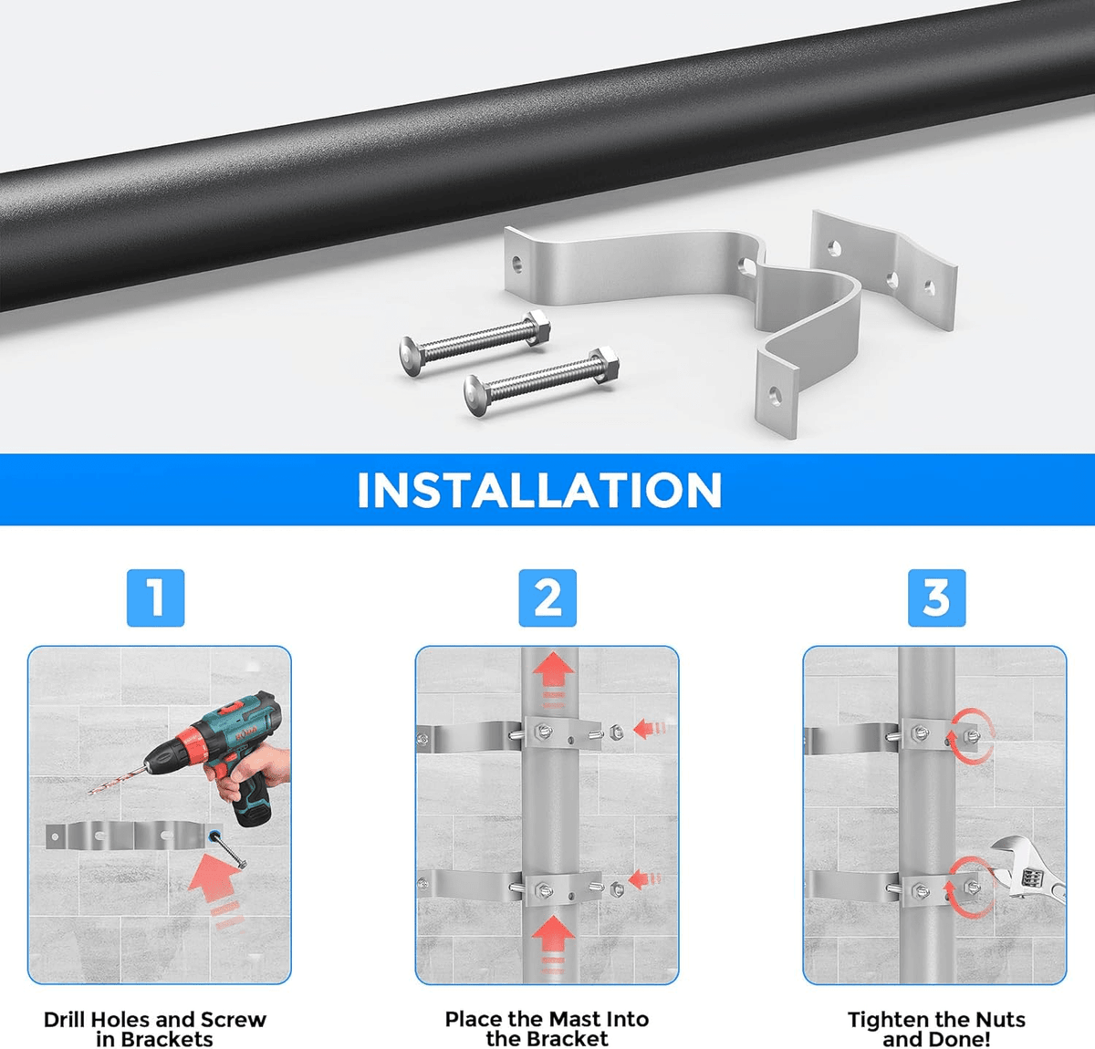 Kit Abrazaderas de Montaje en Pared para Mástil ó Poste de Antena TV, Satelite - Image 10